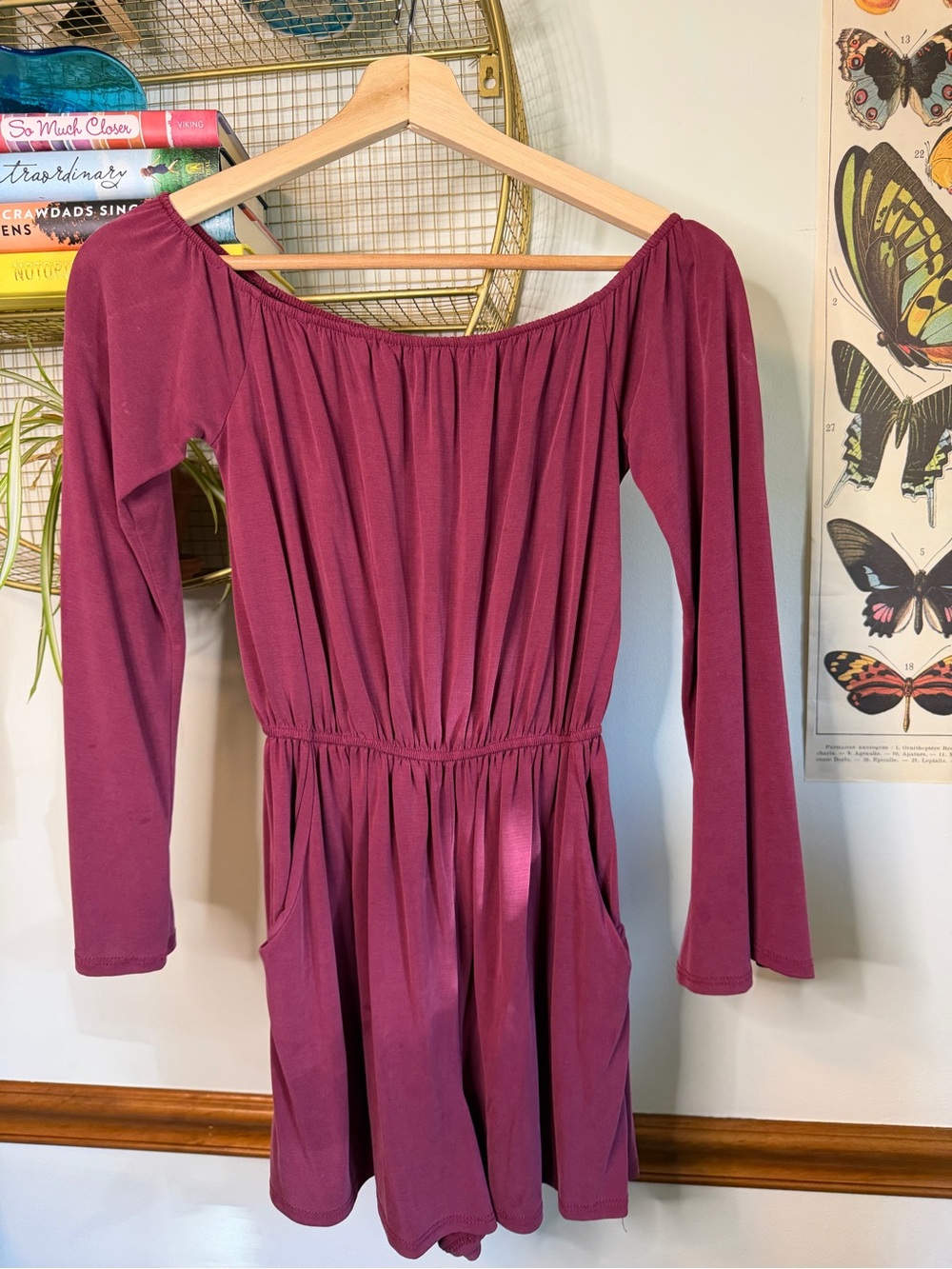 lavender field Off-Shoulder Long Sleeve Romper in Plum size S